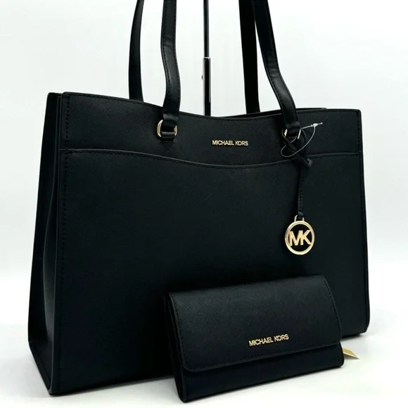 Michael Kors Large MF Pocket Shoulder Tote Bag & Trifold Wallet Black/Gold